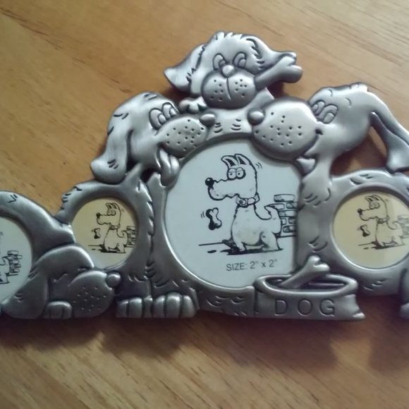 Silver Dog Picture Frame Dog Design 7 1/2" Long 4" Tall Holds 4 Pictures Stands - Picture 2 of 4